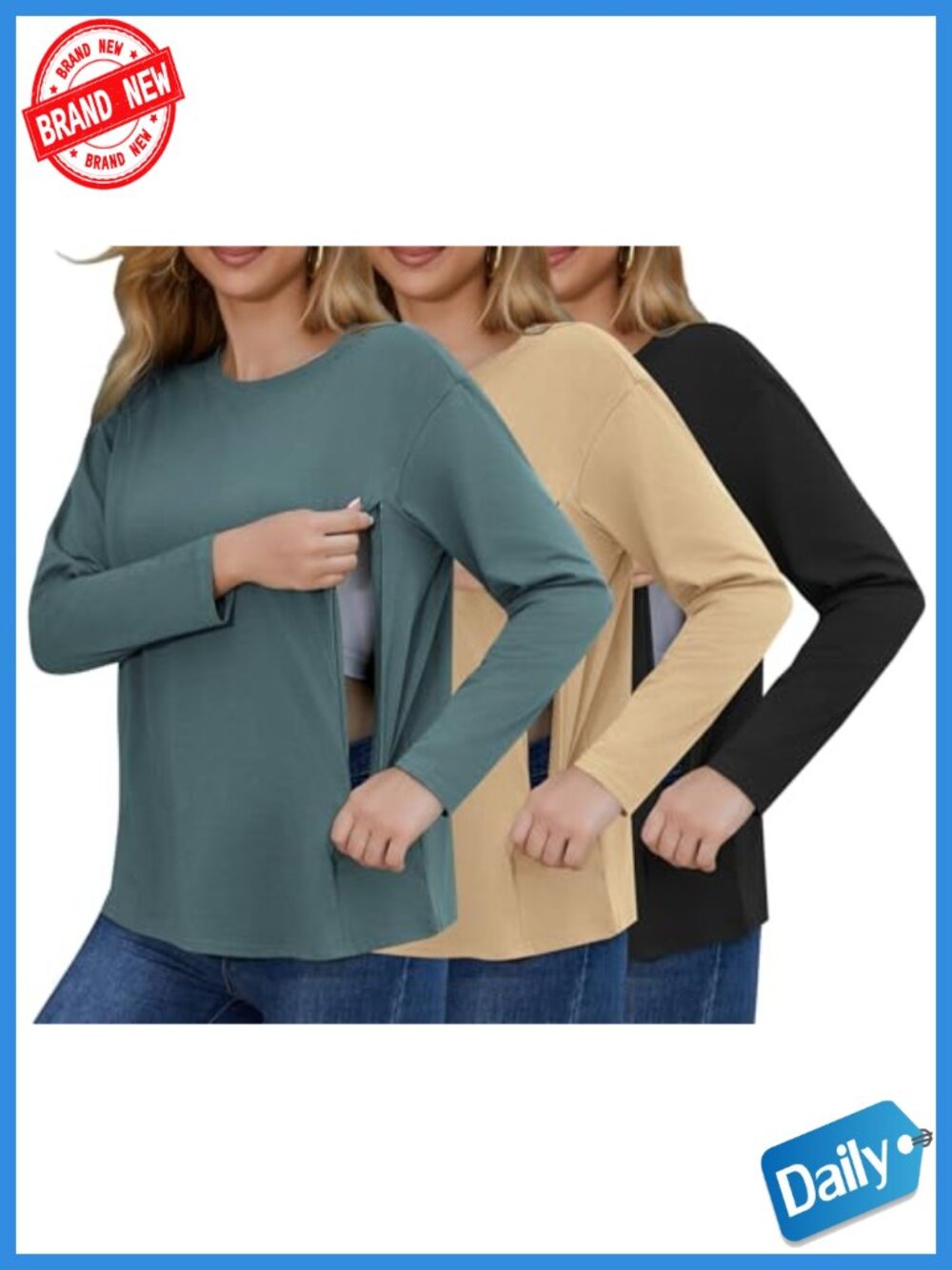 Women's 3 Pack Long Sleeve Nursing Tops Breastfeeding Shirts Hidden Zippers